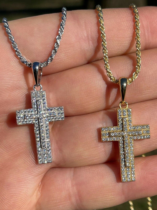 Real 925 Sterling Silver Or Gold Cross Crucifix Pendant Necklace Iced 1" Small