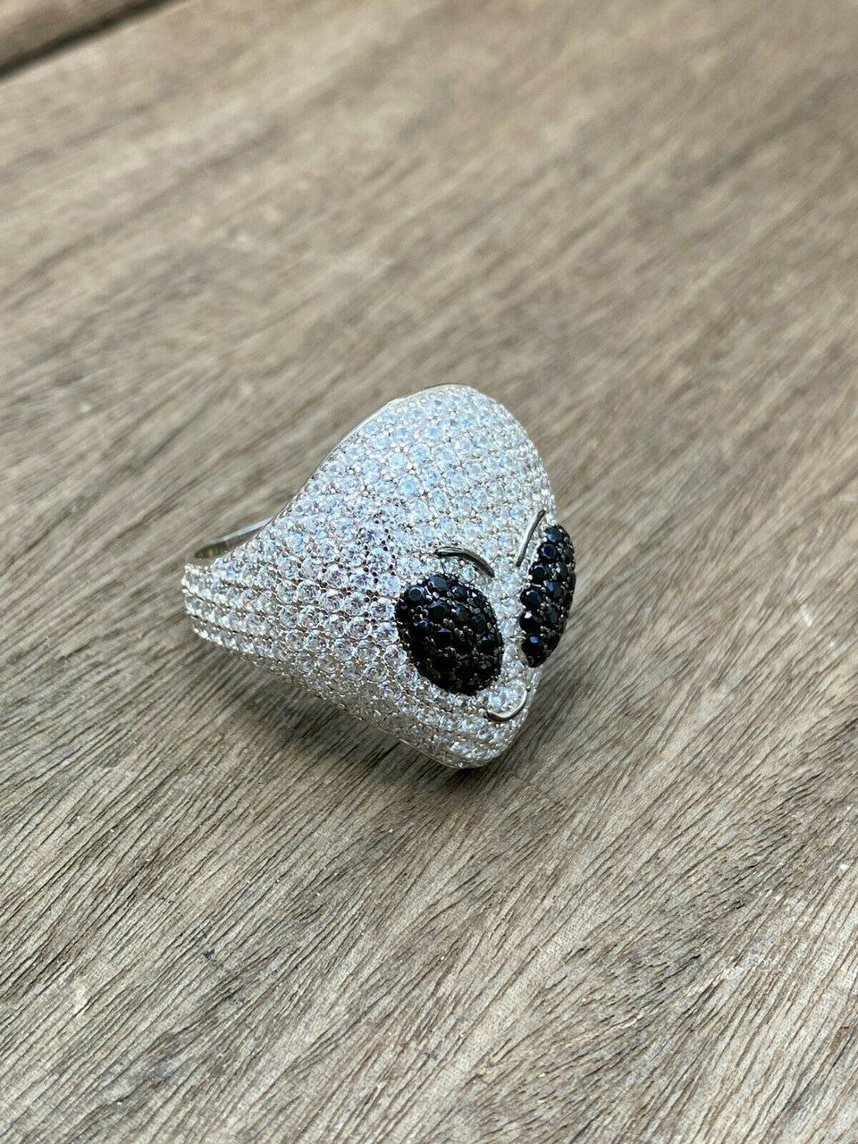 Real Solid 925 Sterling Silver Alien Head Emoji Men's Iced Diamond Ring