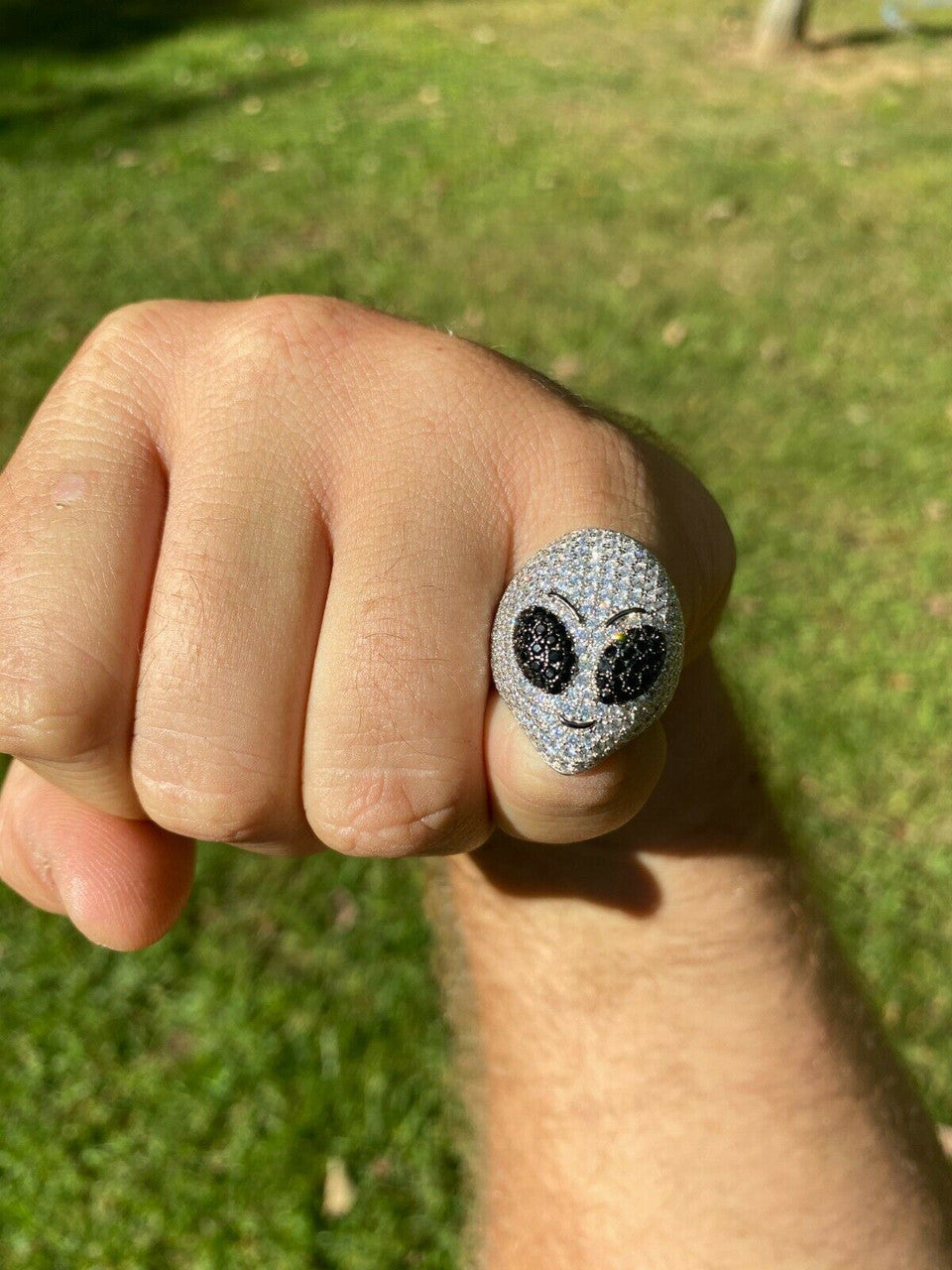 Real Solid 925 Sterling Silver Alien Head Emoji Men's Iced Diamond Ring