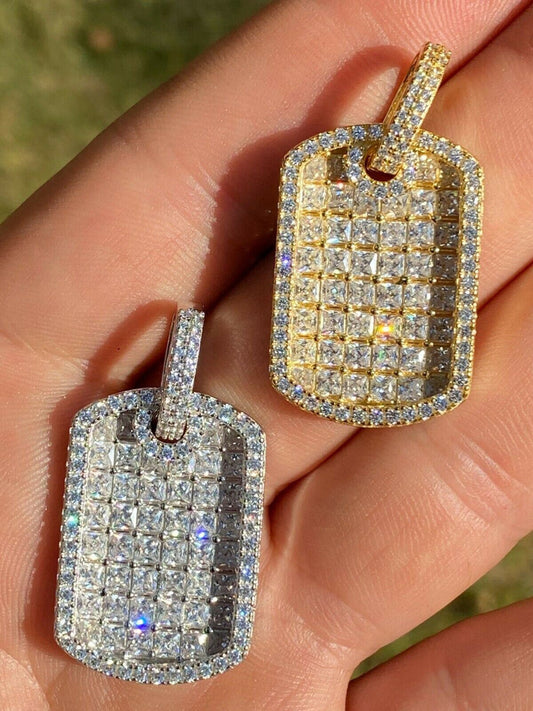Solid 925 Silver Men's Dog Tag Pendant Iced Baguette Diamond 1.5" Gold