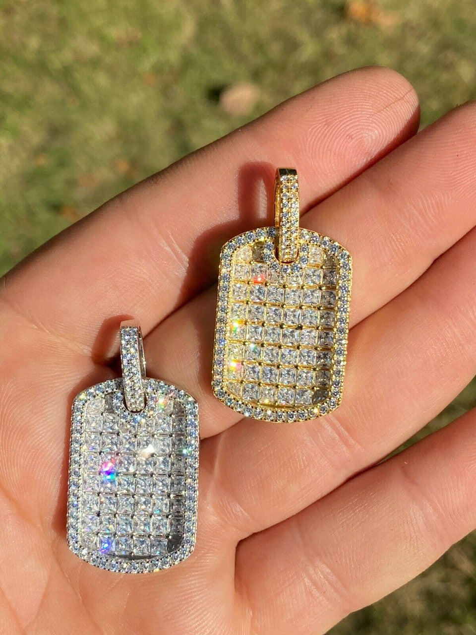 Solid 925 Silver Men's Dog Tag Pendant Iced Baguette Diamond 1.5" Gold