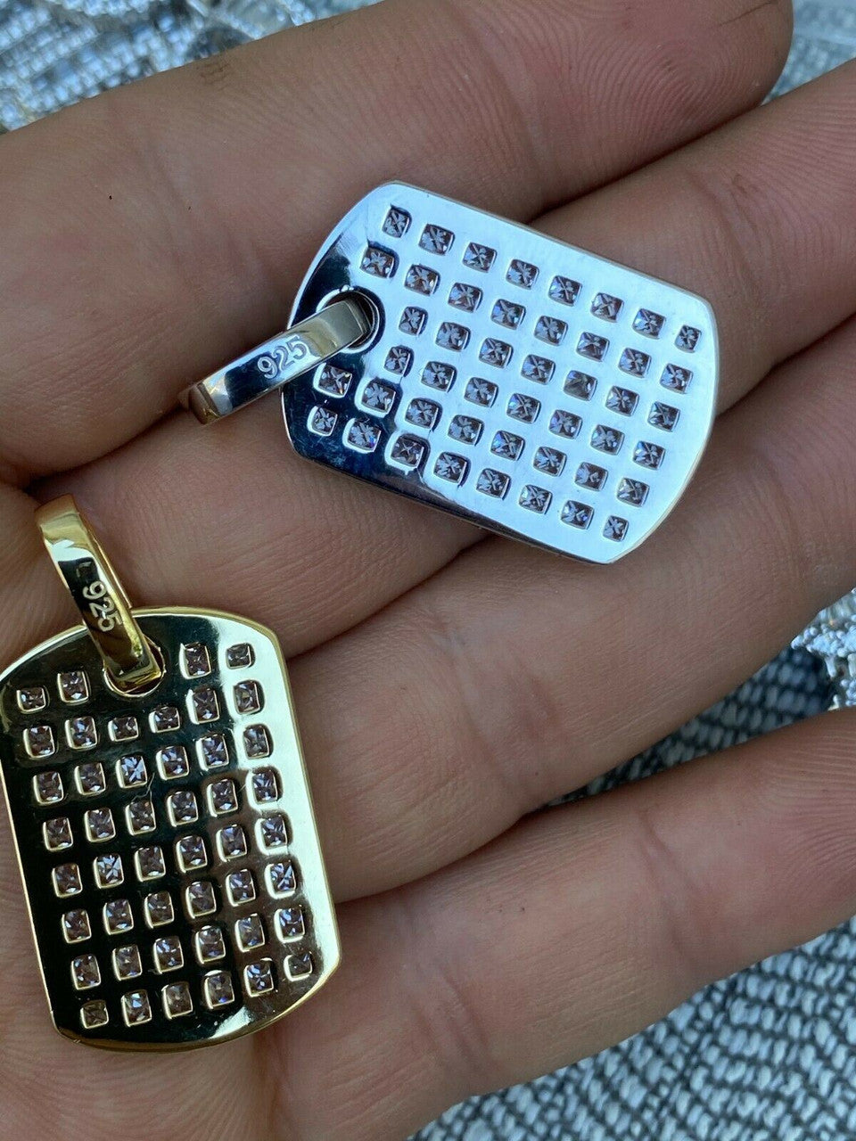 Solid 925 Silver Men's Dog Tag Pendant Iced Baguette Diamond 1.5" Gold