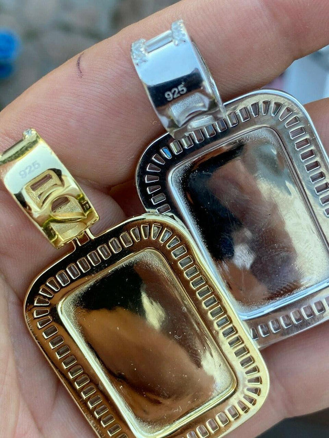 MOISSANITE Custom Photo Memory Pendant Baguette Dog Tag - 14k Yellow/Rose Gold Vermeil Or 925 Silver - Medium 2"