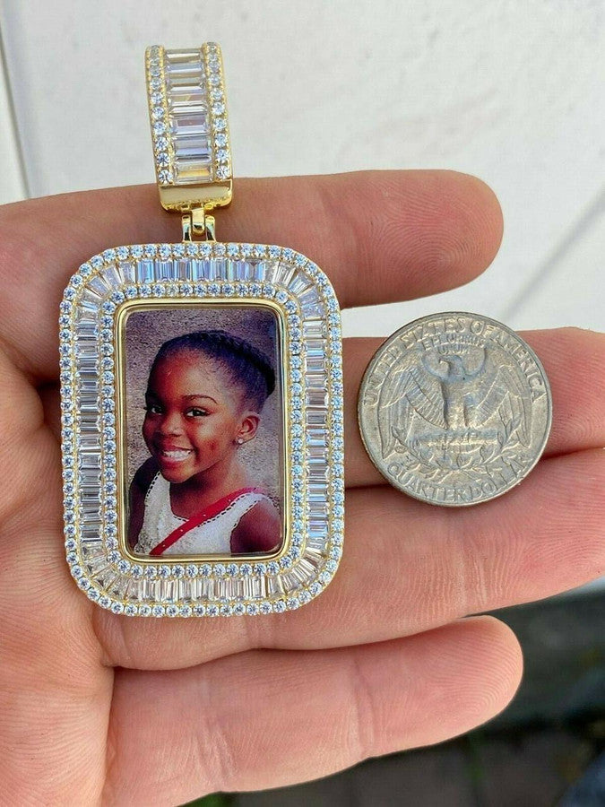 MOISSANITE Custom Photo Memory Pendant Baguette Dog Tag - 14k Yellow/Rose Gold Vermeil Or 925 Silver - Medium 2"