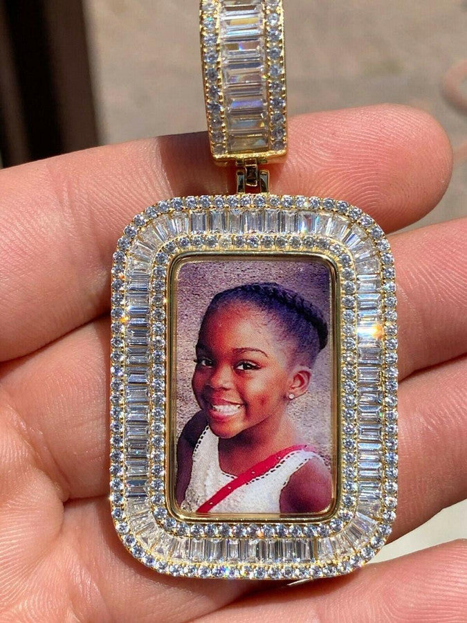 MOISSANITE Custom Photo Memory Pendant Baguette Dog Tag - 14k Yellow/Rose Gold Vermeil Or 925 Silver - Medium 2"