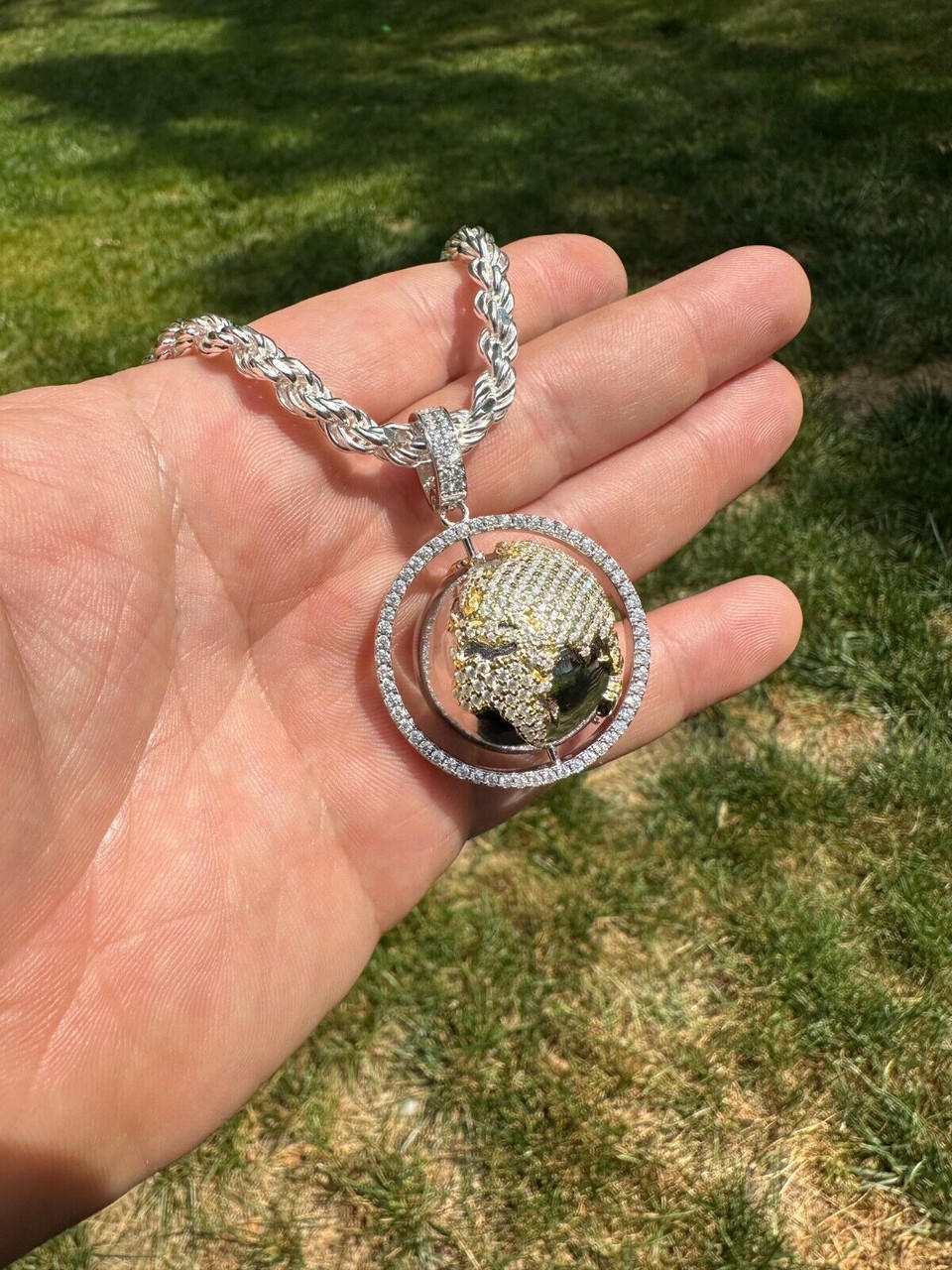 MOISSANITE Spinning Globe Real 925 Silver Iced Pendant Necklace 3D Out