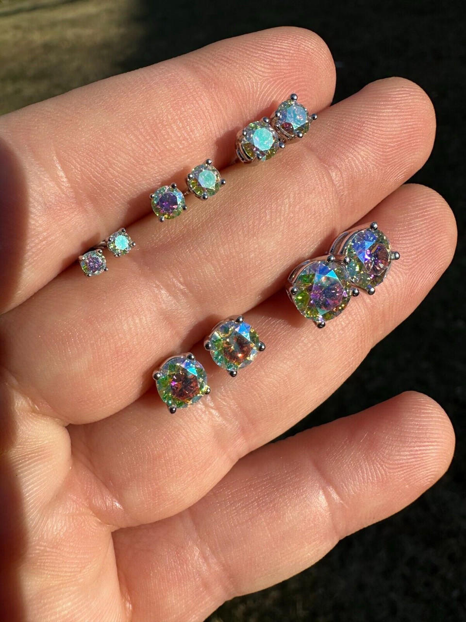 Rainbow Opal Moissanite Screwback Stud Earrings 925 Silver 3-8mm Pass Diamond Tester