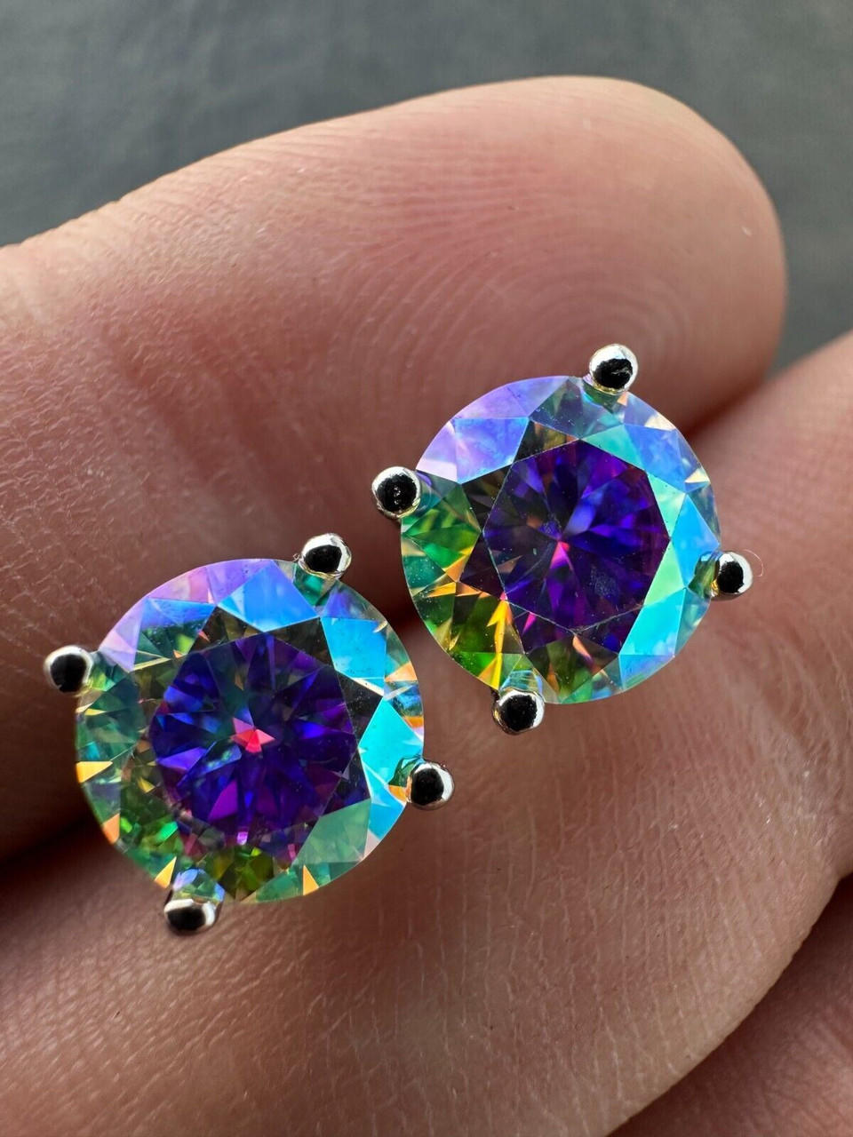 Rainbow Opal Moissanite Screwback Stud Earrings 925 Silver 3-8mm Pass Diamond Tester