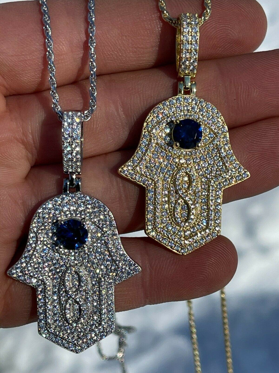 Real 925 Sterling Silver Evil Eye Hamsa Hand Pendant Iced Diamond Necklace Gold