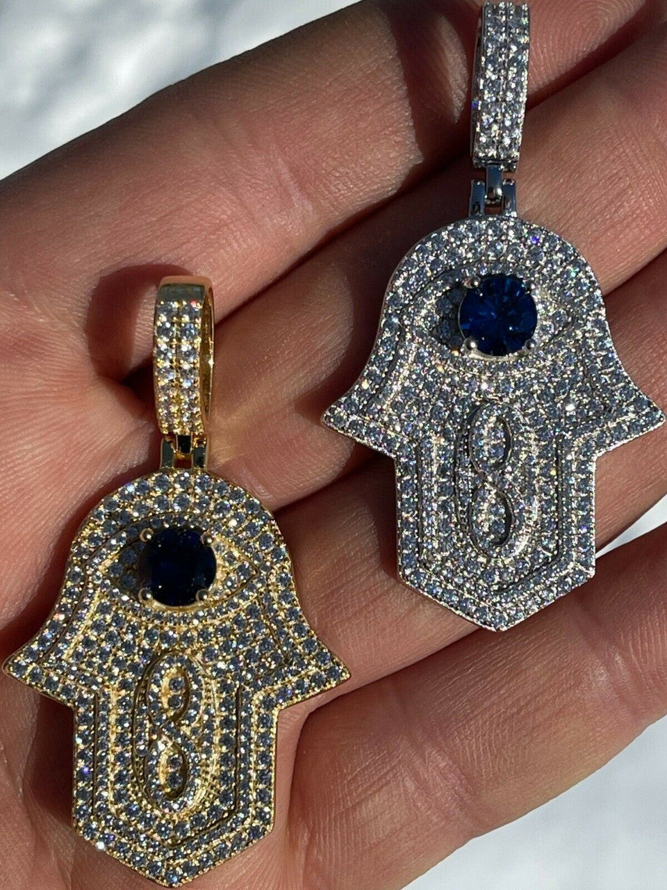 Real 925 Sterling Silver Evil Eye Hamsa Hand Pendant Iced Diamond Necklace Gold