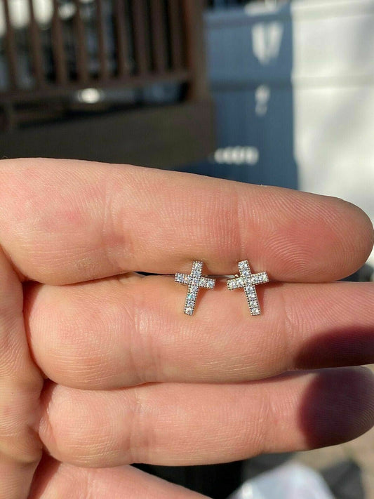 Real MOISSANITE 925 Silver Small Cross Earrings Studs Iced Pass Diamond Tester