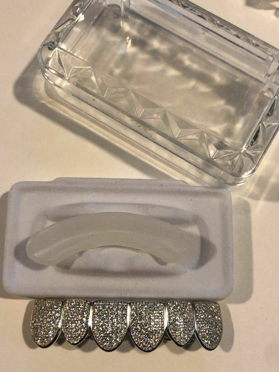 Real SOLID 925 Silver ICED Diamond Custom GRILLZ Teeth Top & Bottom Set