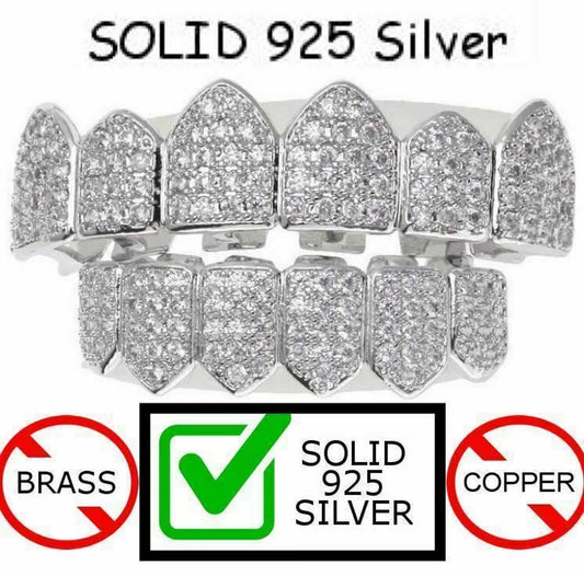 Real SOLID 925 Silver ICED Diamond Custom GRILLZ Teeth Top & Bottom Set