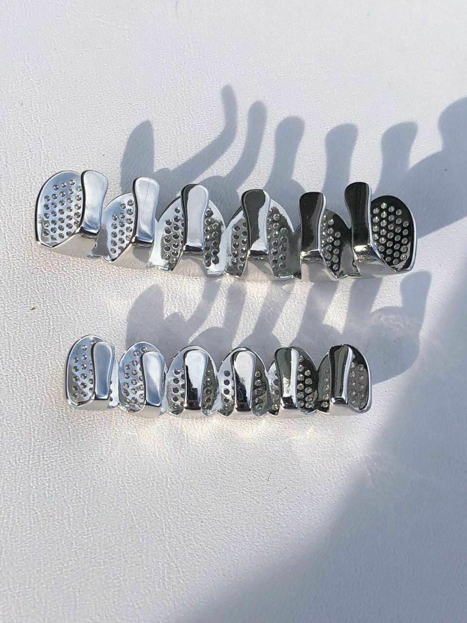 Real SOLID 925 Silver ICED Diamond Custom GRILLZ Teeth Top & Bottom Set